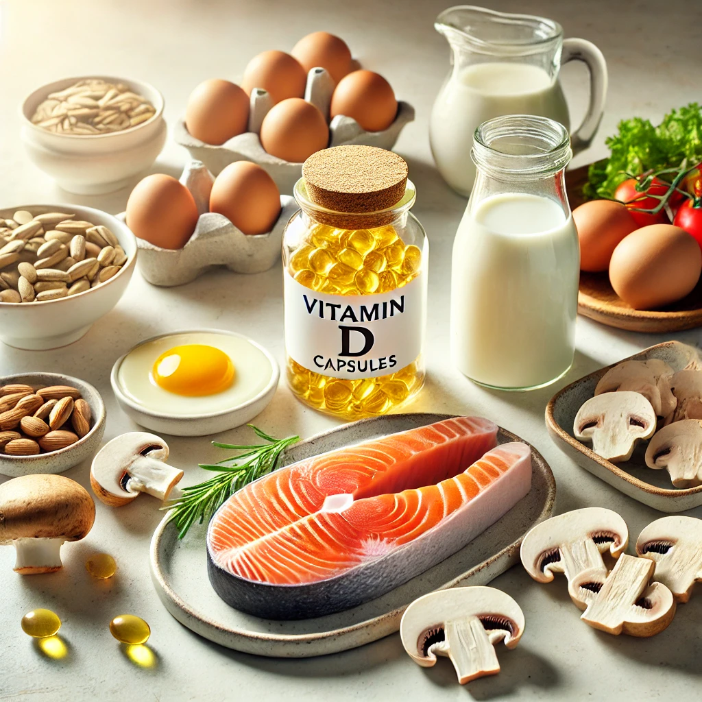 A bright and inviting still-life image featuring a bottle of vitamin D capsules alongside various foods rich in vitamin D. The foods include salmon fi