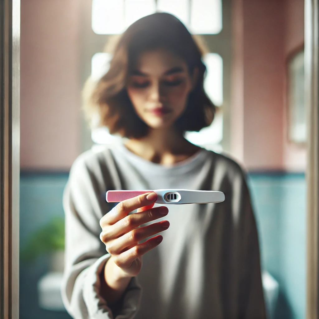 A woman holding a pregnancy test device in her hand, standing in a softly lit room with a calm, hopeful expression. The setting is a cozy home bathroo