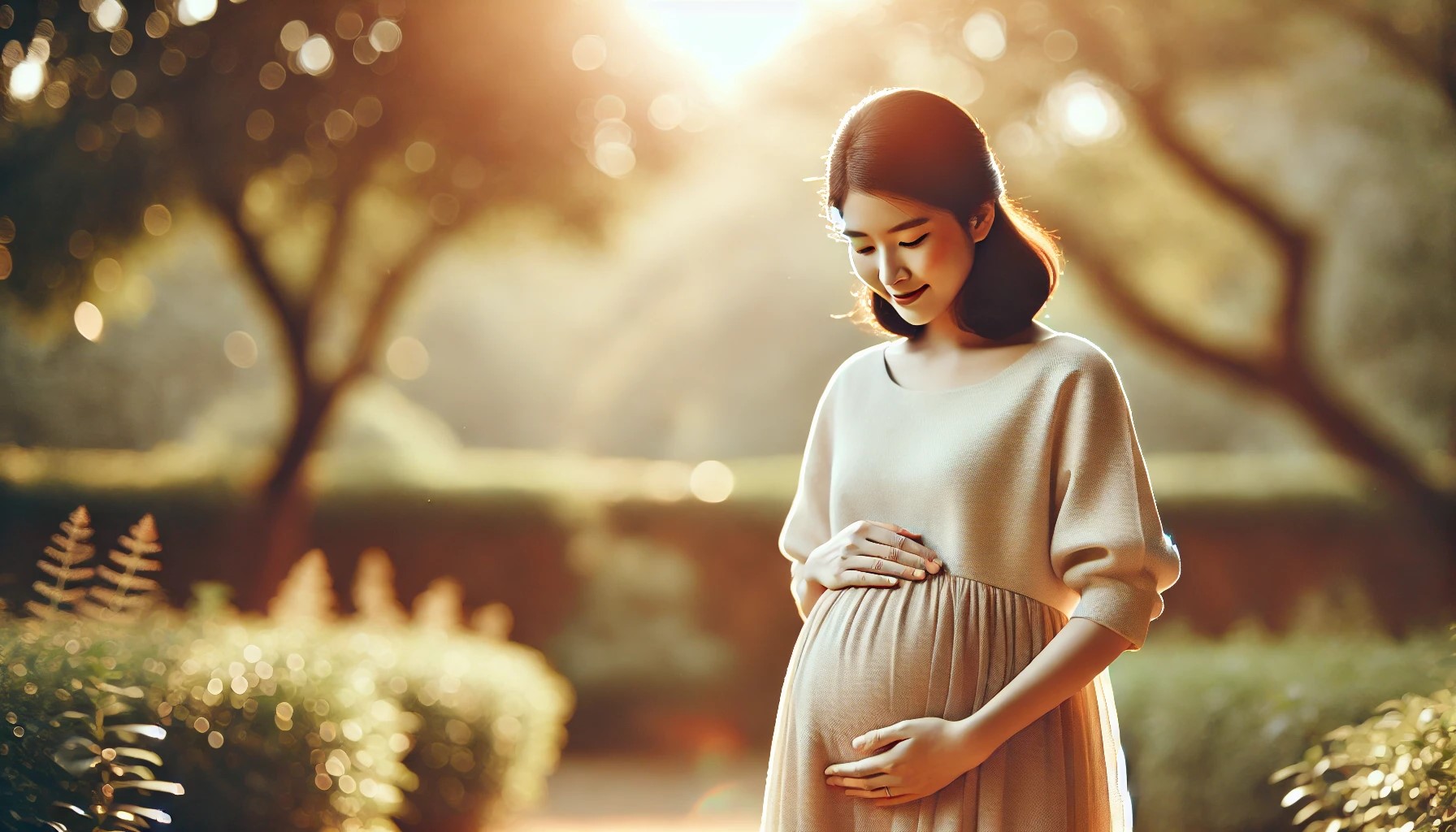 A serene image of a pregnant woman standing in a peaceful environment, softly lit by warm natural light.